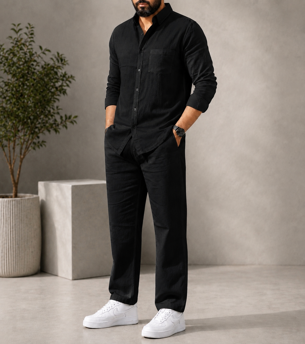 Black Elite Class Top & Bottom Set Of Linen, Luxury And Style