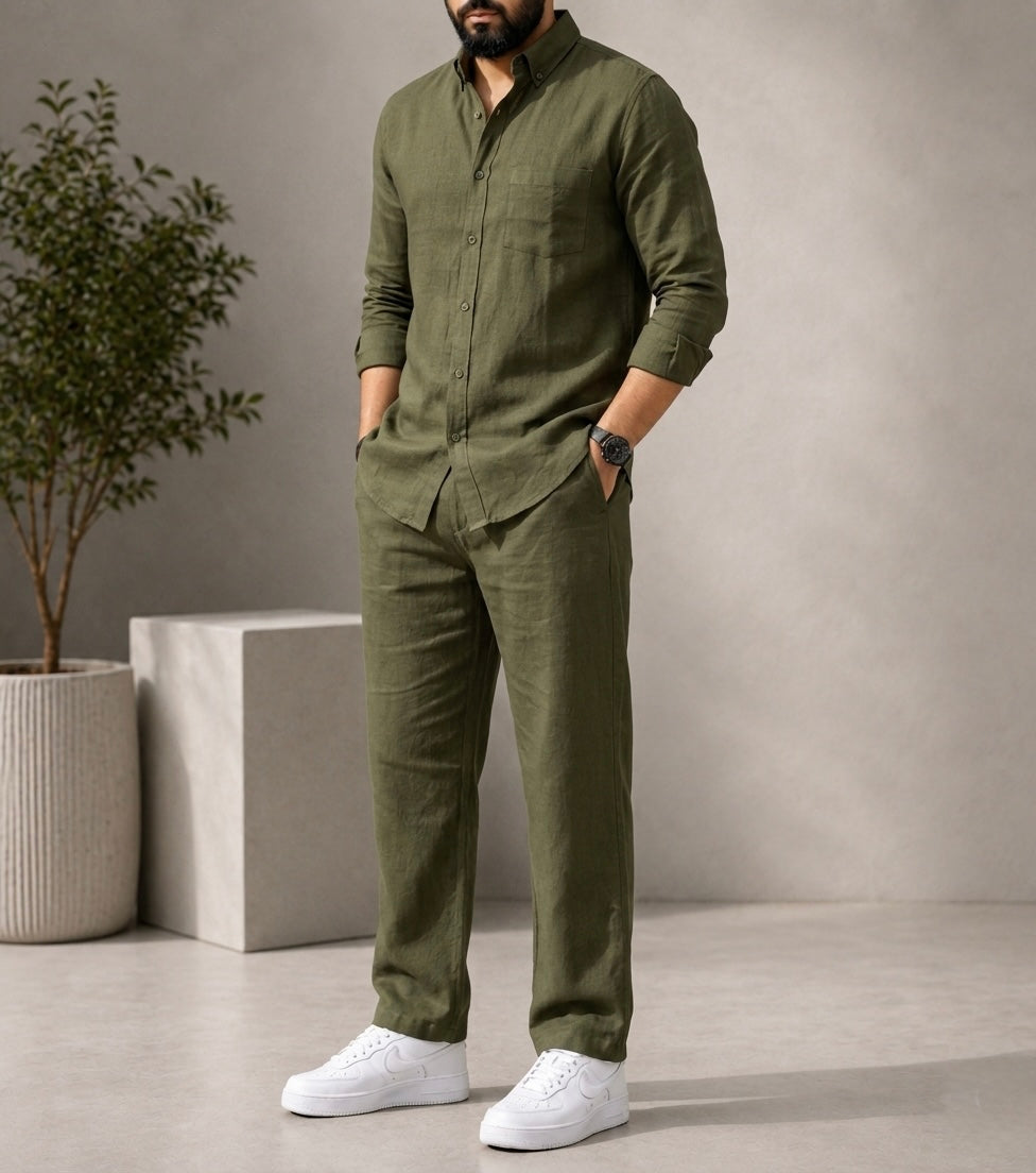 Green Elite Class Top & Bottom Set Of Linen, Luxury And Style