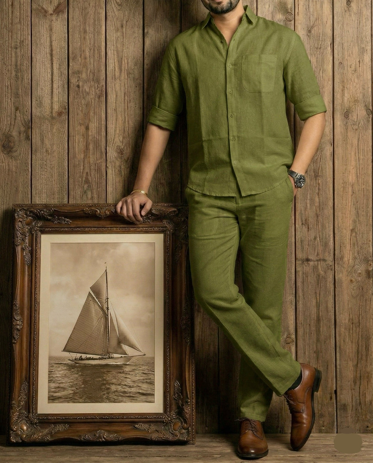 Olive green Sunweave Top & Bottom Set Of Linen, Luxury And Style