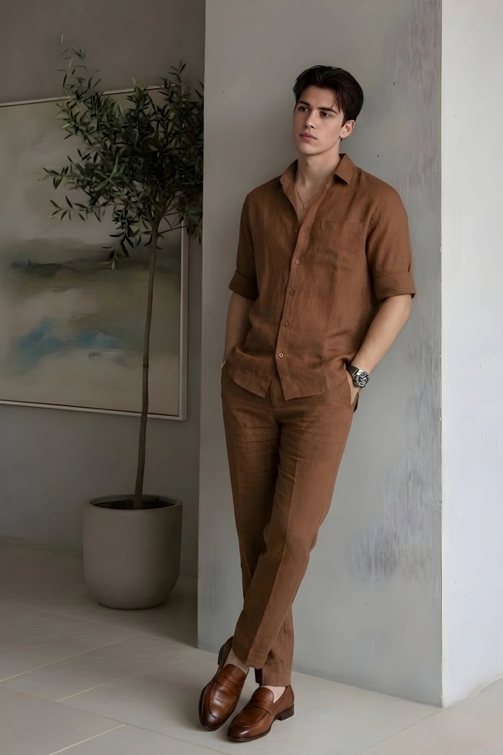 Brown Top & Bottom Set Of Linen, Luxury And Style
