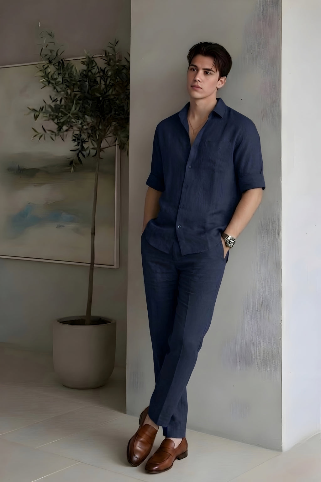 Navy Top & Bottom Set Of Linen, Luxury And Style
