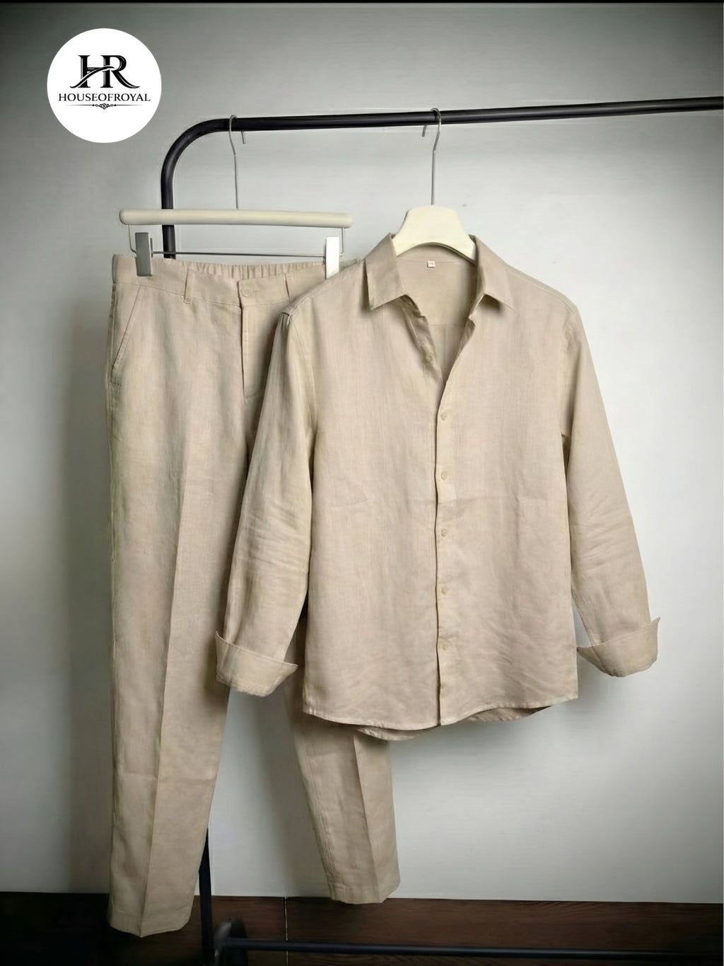 Beige Linex Top & Bottom Set Of Linen, Luxury And Style