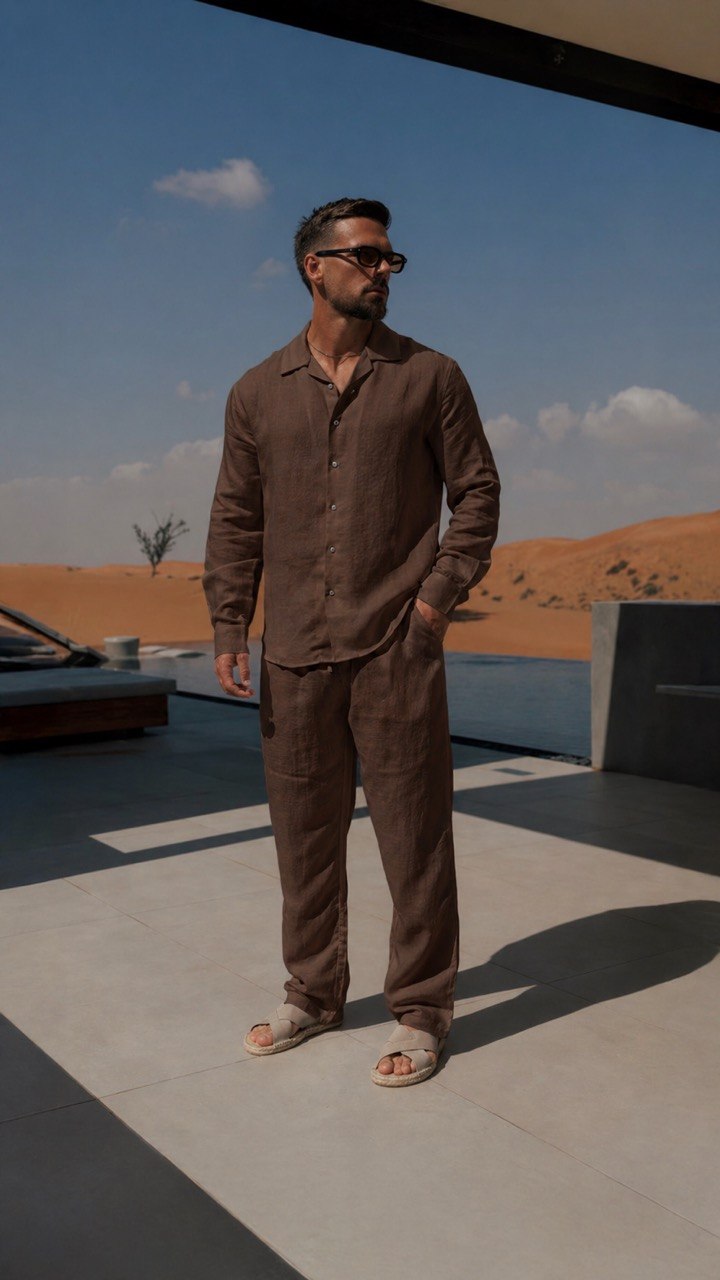Brown Premier Top & Bottom Set Of Linen, Luxury And Style